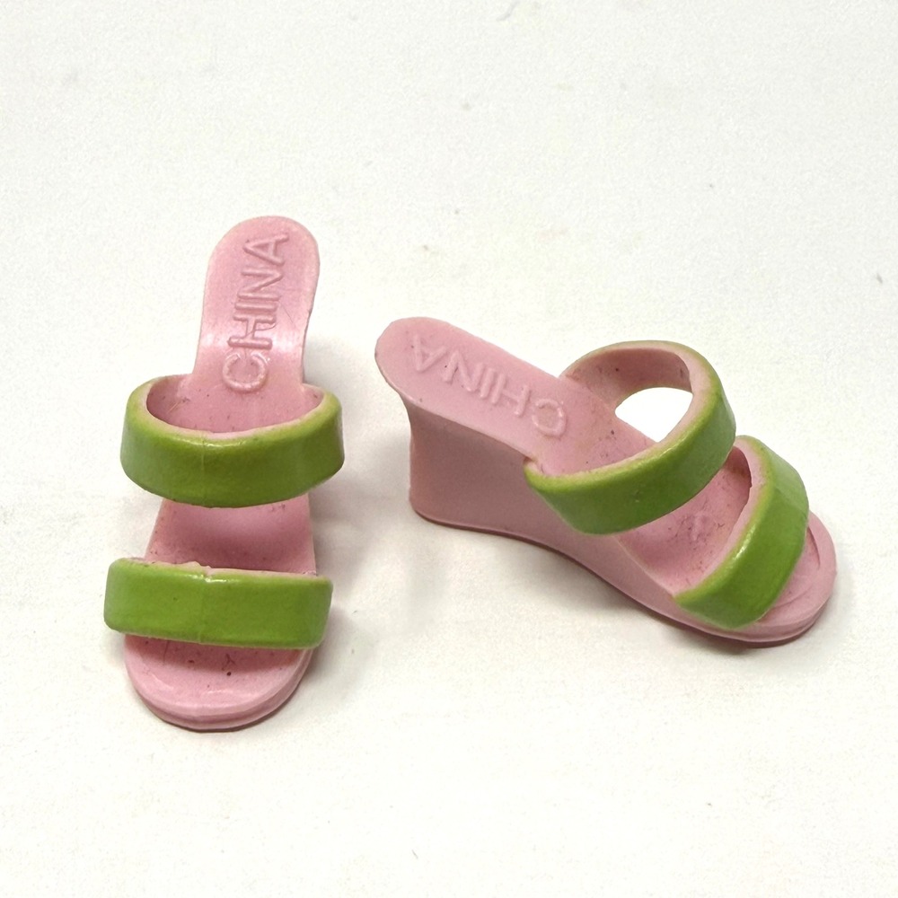 Barbie Vintage Pink and Lime Green Wedge Slide Sandals Shoes Pair